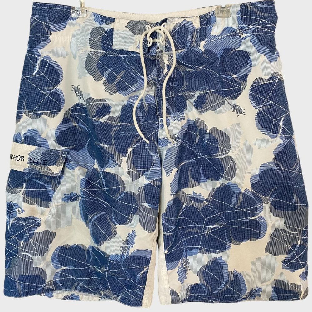 Y2K Anchor Blue Tropical Print Board Shorts Mens Size 36 White & Blue Surf Swim